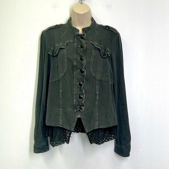 Free People - Emilia Linen Blend Military Olive Color Lace Trim Army Jacket XS - Picture 3 of 14